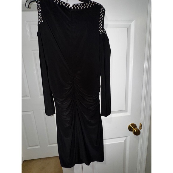 Cache‎ Black Rhinestone Cold Shoulder Ruched Long Sleeve Cocktail Dress - Picture 11 of 11